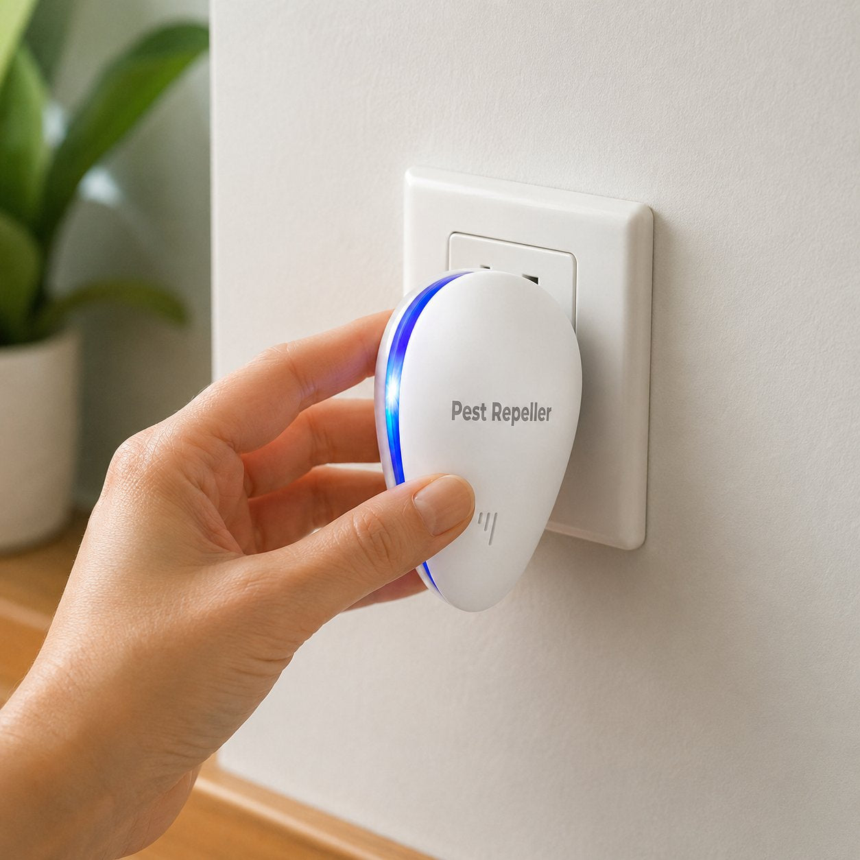 Hand plugging the Pomence Pest Repeller into a wall outlet