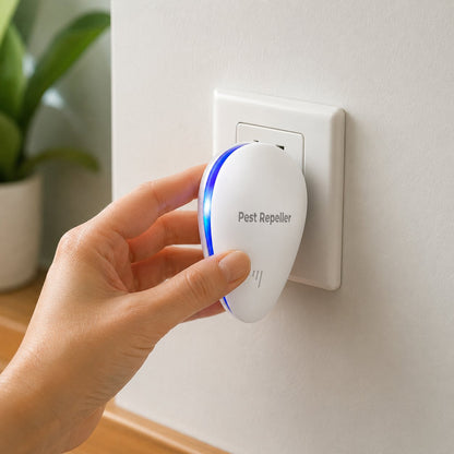 Hand plugging the Pomence Pest Repeller into a wall outlet
