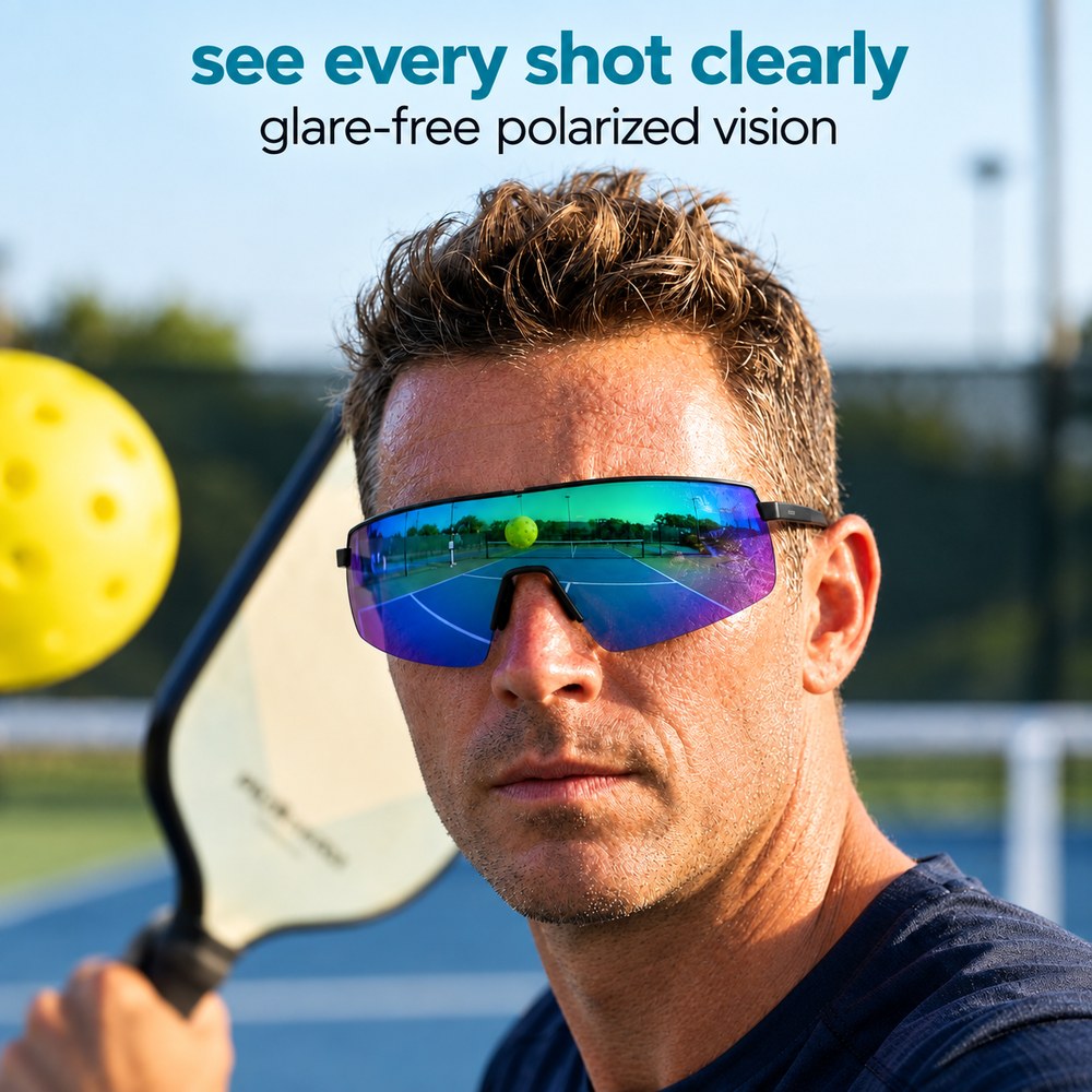 A player on a bright outdoor court wearing the Pomence Photochromic Sport Sunglasses in Blue