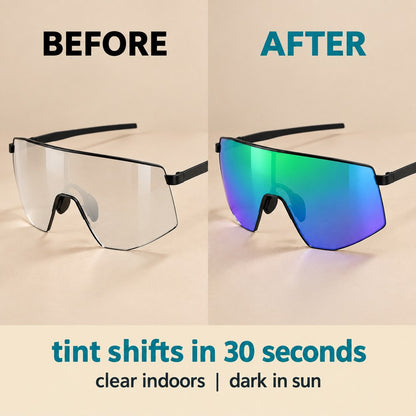 The Pomence Photochromic Sport Sunglasses photographed clear indoors and darkened in bright sun