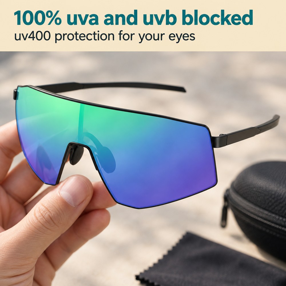 Macro of the Pomence Photochromic Sport Sunglasses held in a hand, showing the one-piece shield lens