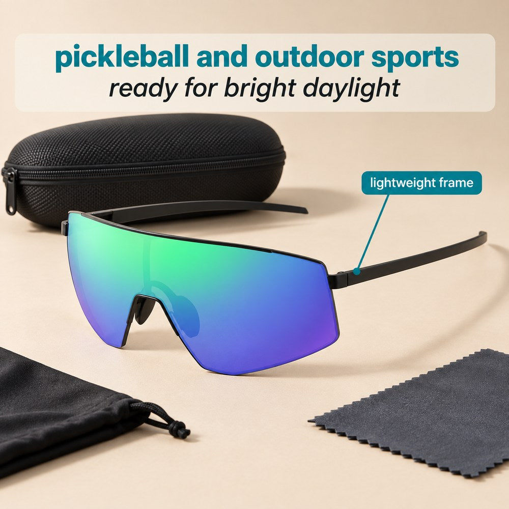 The Pomence Photochromic Sport Sunglasses staged with the zip hard case, soft pouch and cleaning cloth
