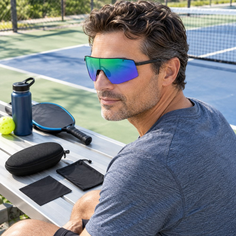 The Pomence Photochromic Sport Sunglasses at an outdoor court with the zip hard case, pouch and cloth