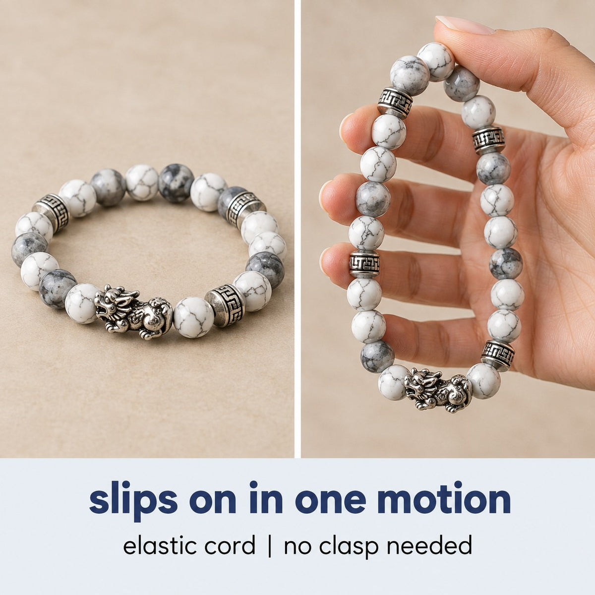 The Pomence Pixiu Wealth Bracelet coiled and then stretched open, showing the elastic cord and the no-clasp fit