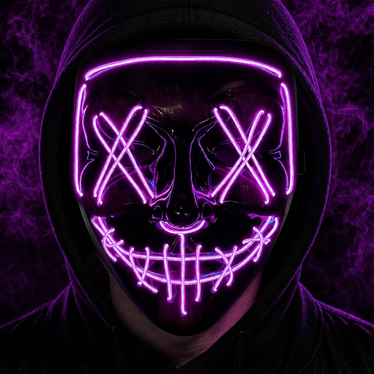 Pomence Purge-Style LED Light-Up Halloween Mask, glowing purple X-eye