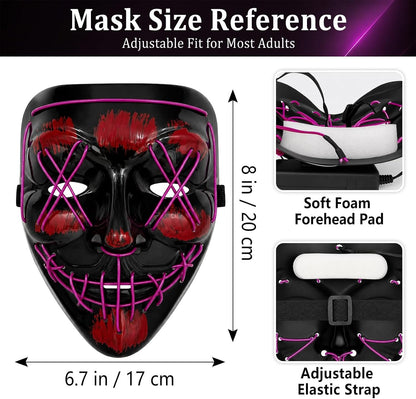 Mask size reference: 8 in / 20 cm tall, 6.7 in / 17 cm wide, adjustable strap