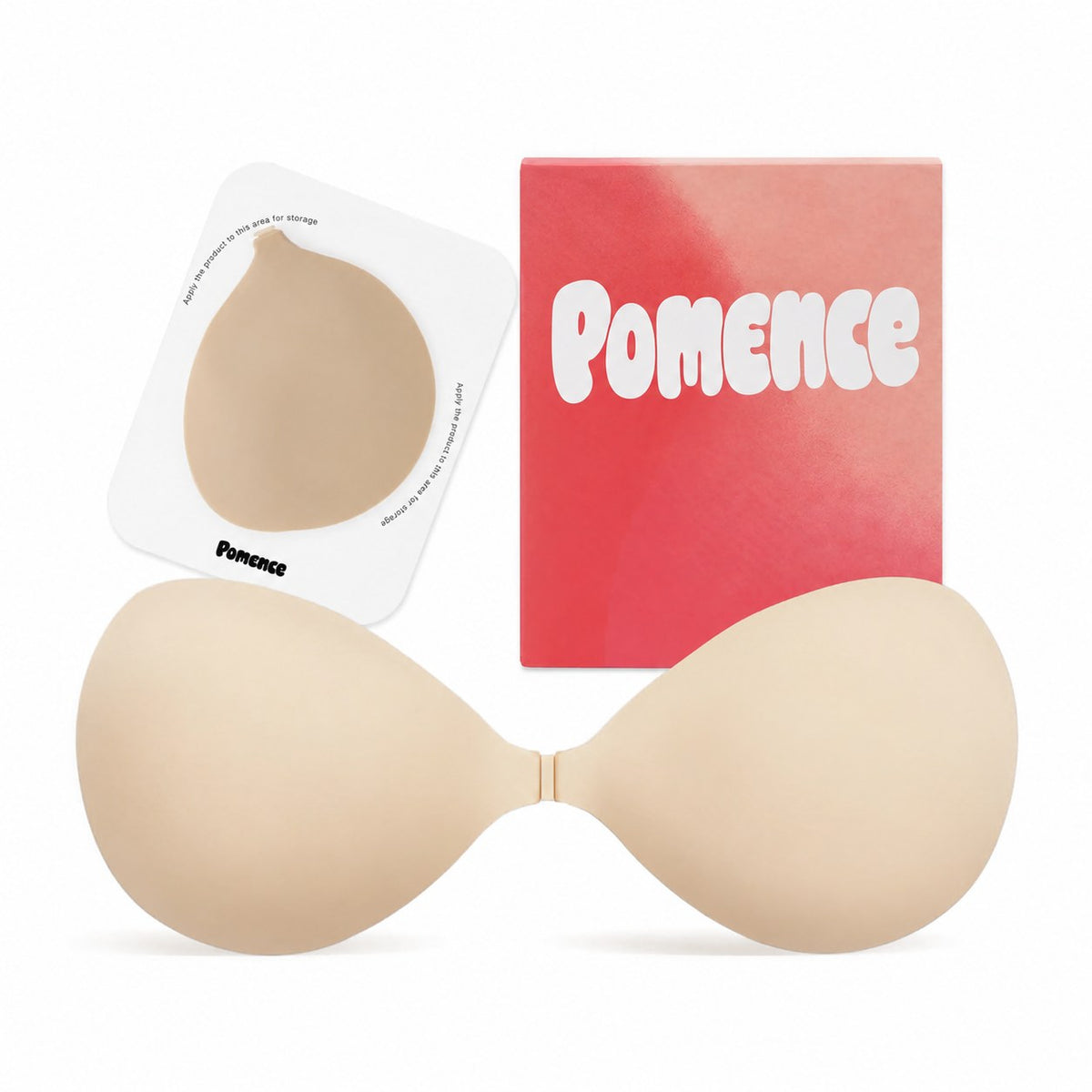 Pomence™ Push-Up Sticky Bra: the bra, its replacement adhesive and the storage board with the box