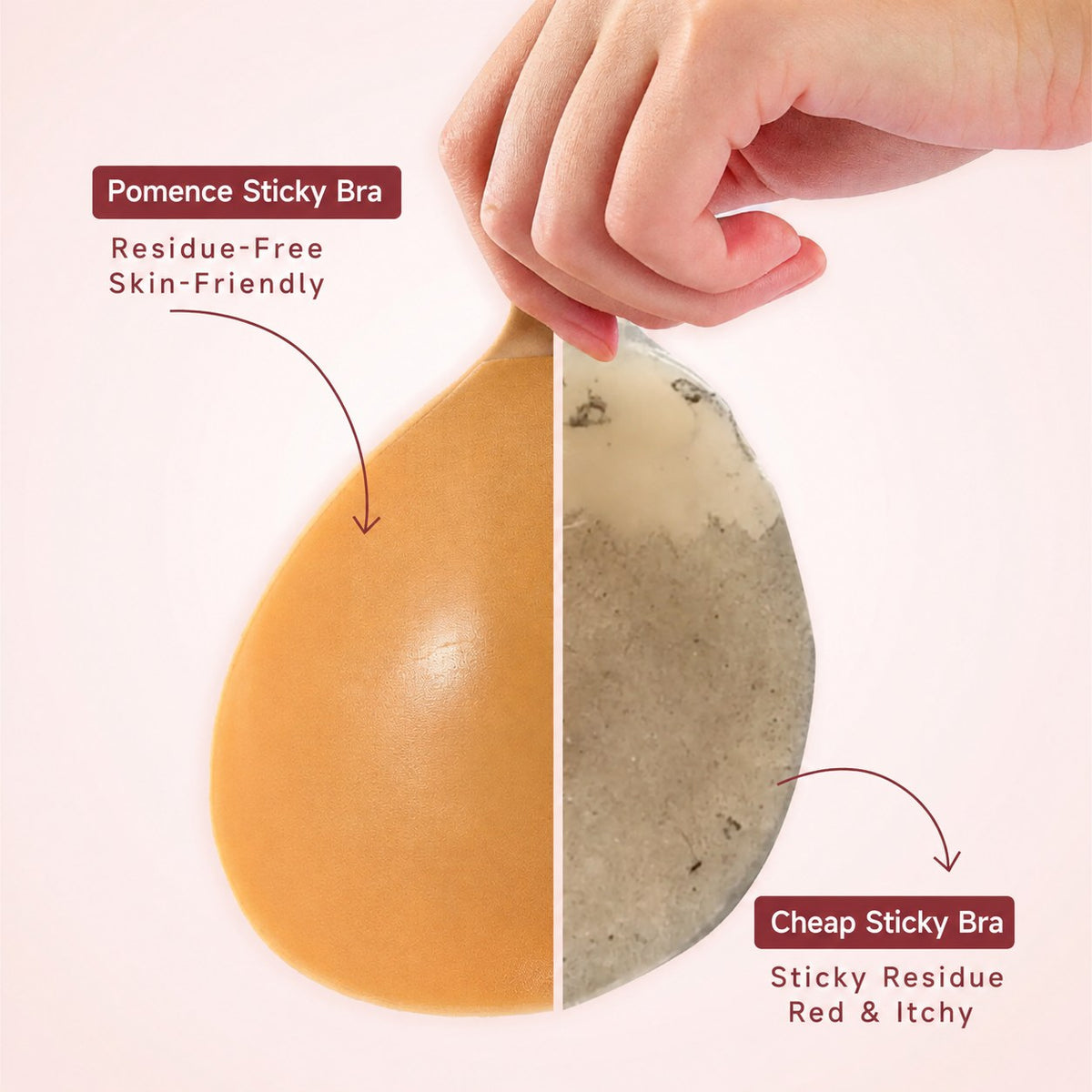 Pomence™ Push-Up Sticky Bra: a clean adhesive surface next to a cheap sticky bra