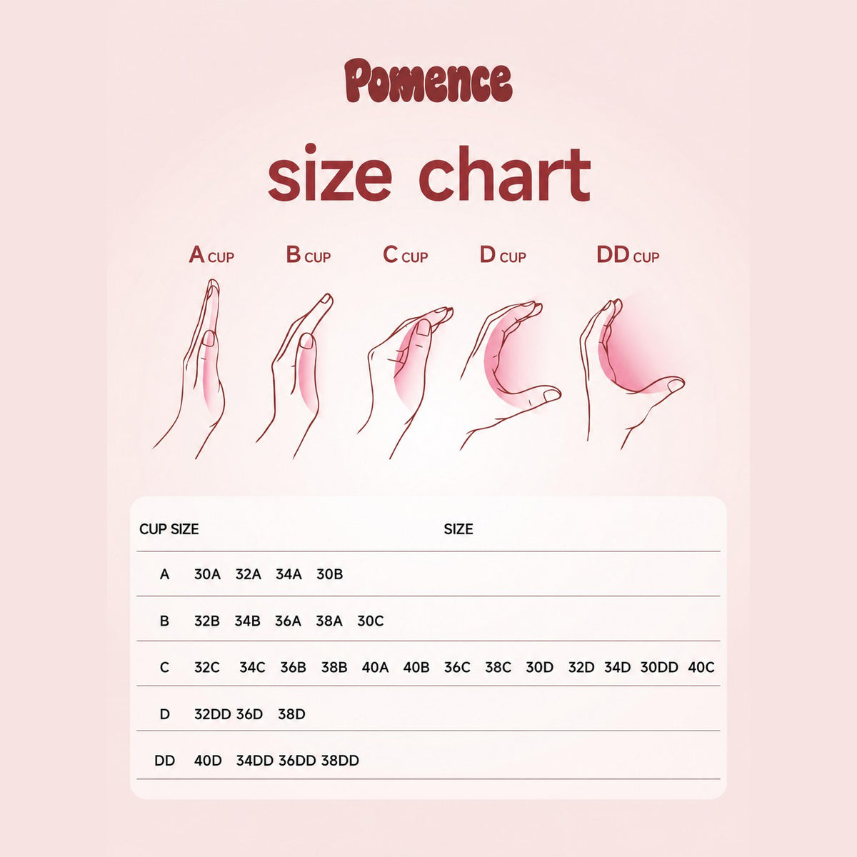 Pomence™ Push-Up Sticky Bra: size chart: find your bra size, order that cup