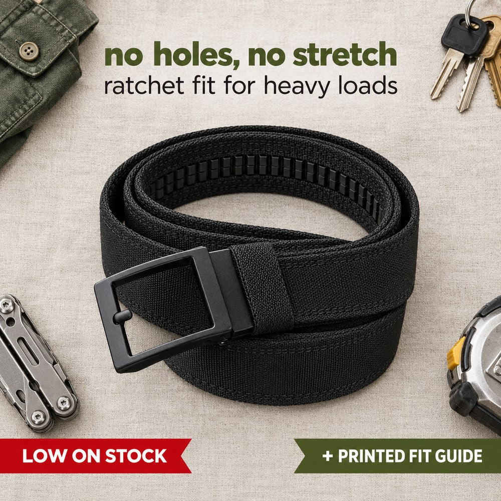 The Pomence Ratchet Tactical Belt flat lay in black nylon webbing with its matte black metal ratchet buckle