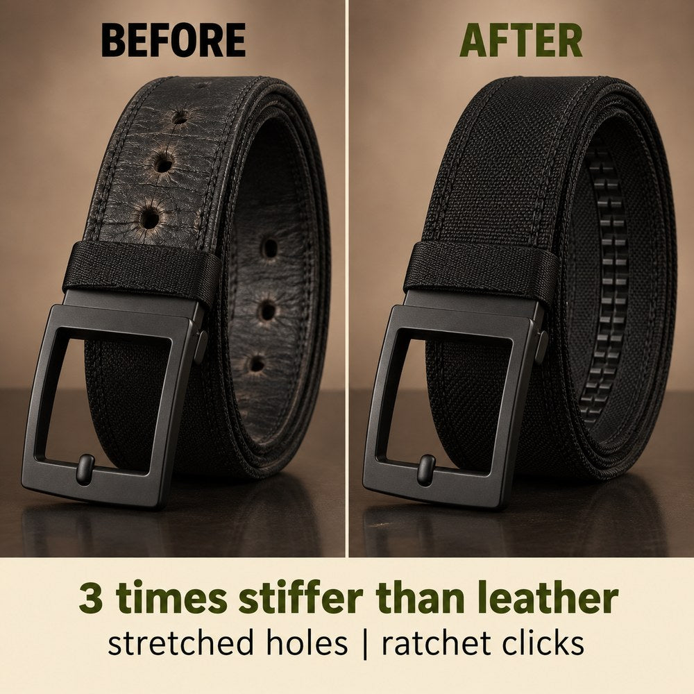 Punched belt holes beside the Pomence Ratchet Tactical Belt track, which clicks a notch at a time instead