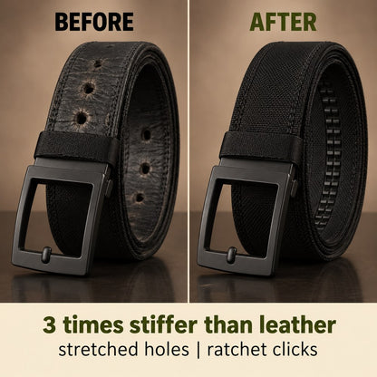 Punched belt holes beside the Pomence Ratchet Tactical Belt track, which clicks a notch at a time instead