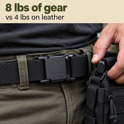 The Pomence Ratchet Tactical Belt holding a loaded tool pouch on the waist without sagging