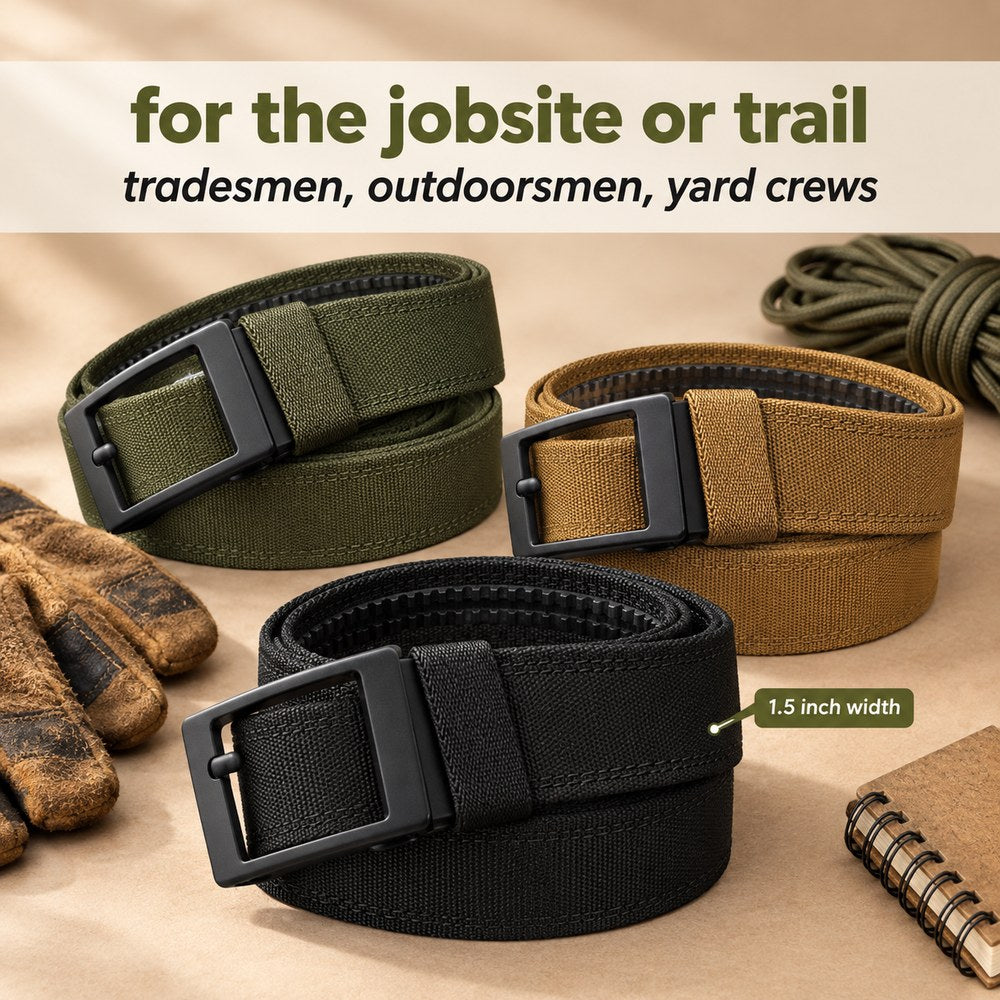 The Pomence Ratchet Tactical Belt in black, army green and tan with work gloves and paracord