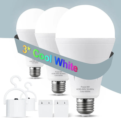 Pomence Rechargeable Emergency Light Bulbs 3-Pack: three 9W daylight LED bulbs with hook covers and plug caps