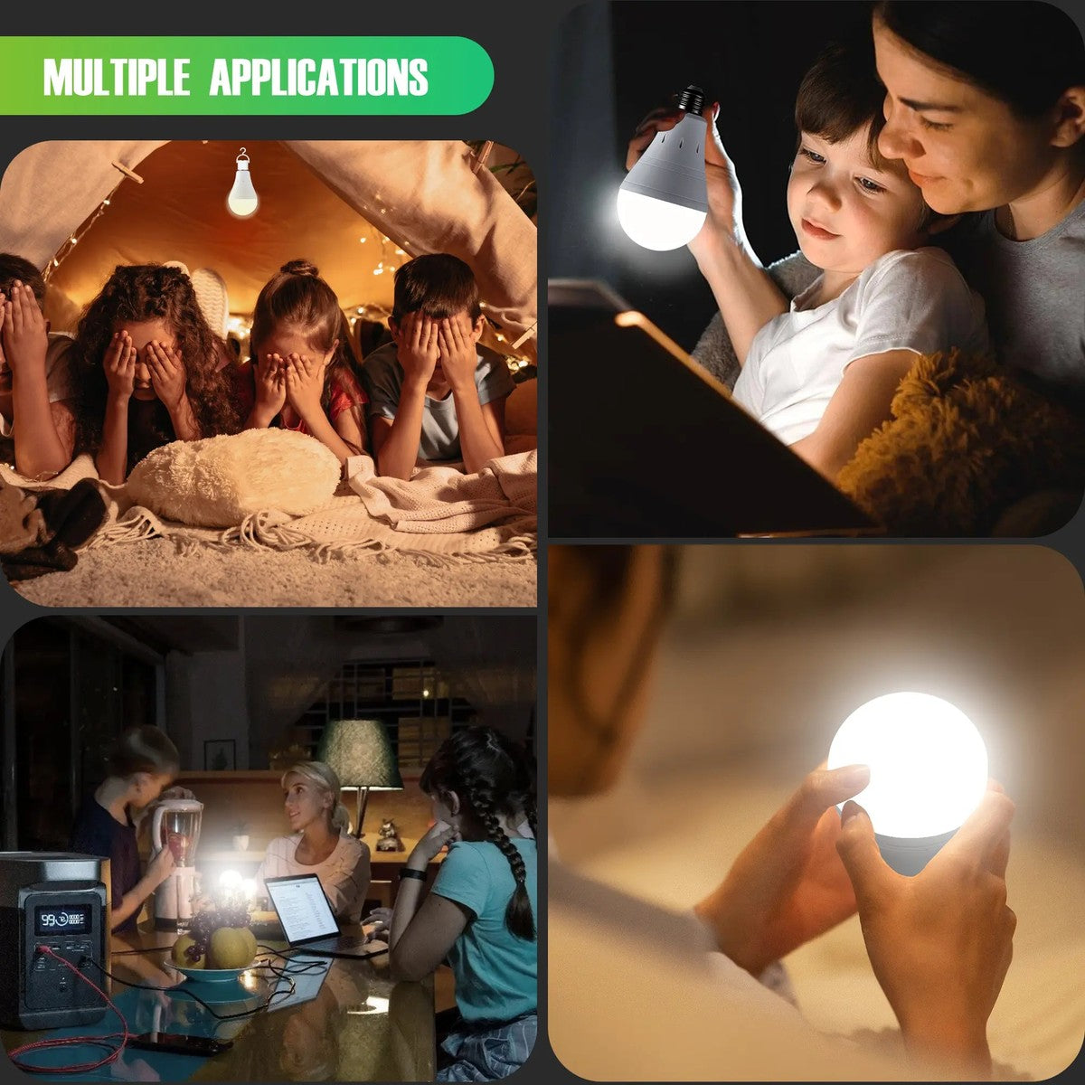 The rechargeable bulb lighting a blanket fort, a bedtime story, a family table and cupped hands during a power outage