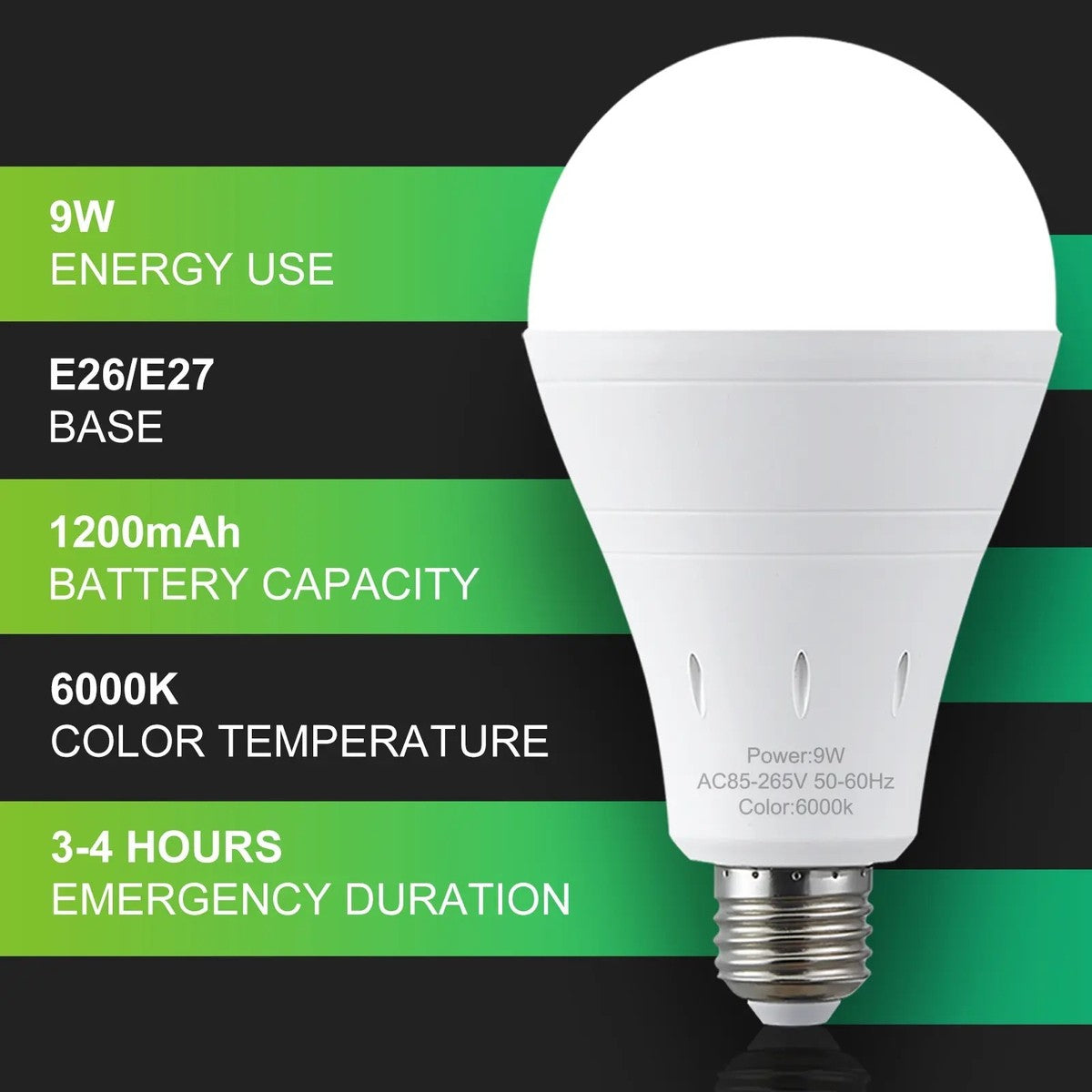 9W energy use, E26 base, 1200mAh battery, 6000K daylight, 3 to 4 hours of emergency light