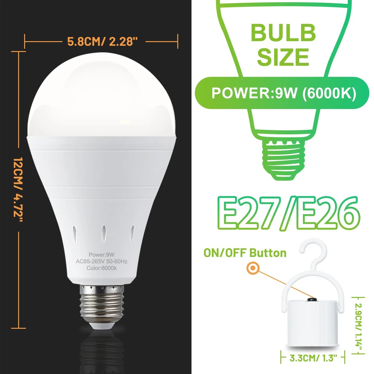 Bulb size 2.28 in wide by 4.72 in tall, E26 base, and the hook cover with its on and off button