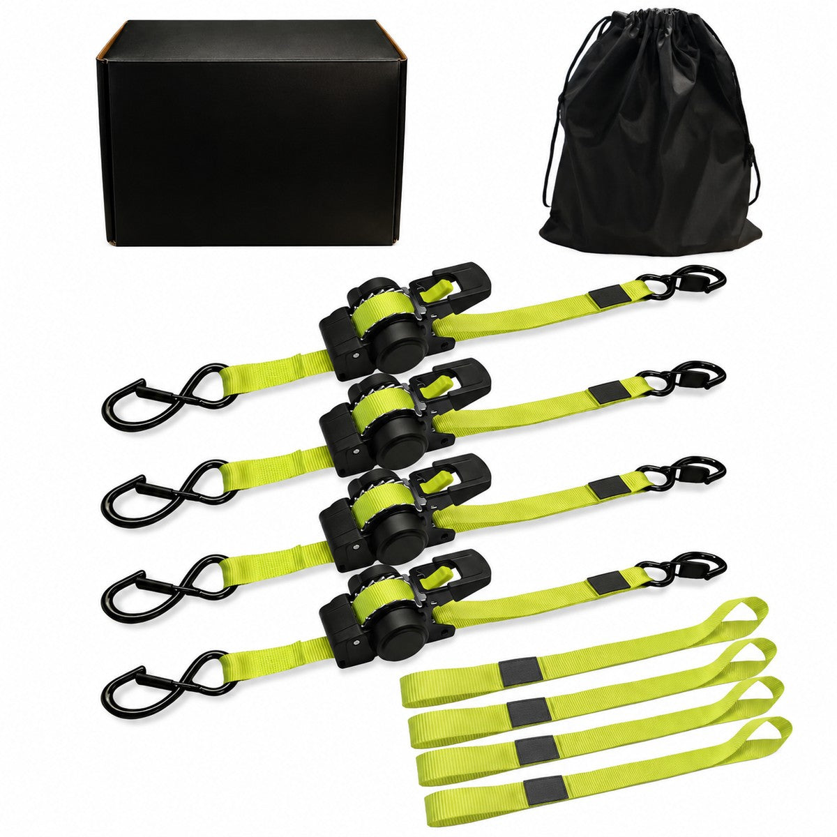 Pomence™ Retractable Ratchet Straps (4-Pack, 1 in x 11 ft). The full four pack with the storage bag and box