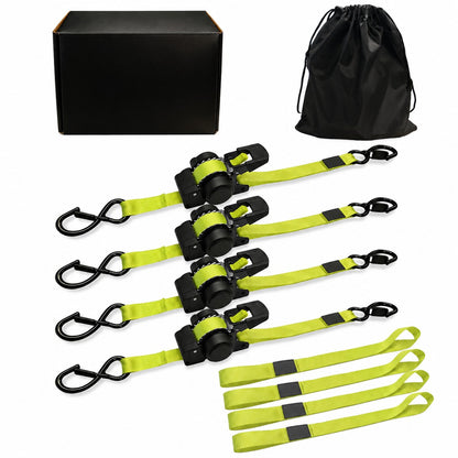 Pomence™ Retractable Ratchet Straps (4-Pack, 1 in x 11 ft). The full four pack with the storage bag and box