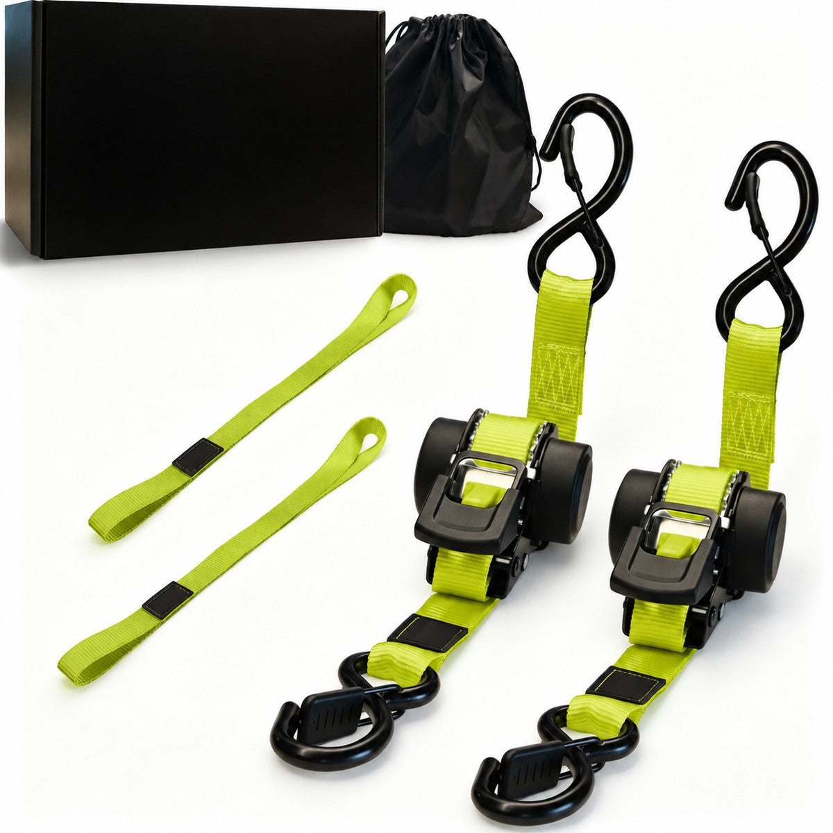 Pomence™ Retractable Ratchet Straps (4-Pack, 1 in x 11 ft). Two ratchet straps and two soft loop tie downs beside the bag and box
