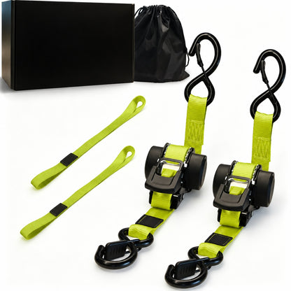 Pomence™ Retractable Ratchet Straps (4-Pack, 1 in x 11 ft). Two ratchet straps and two soft loop tie downs beside the bag and box