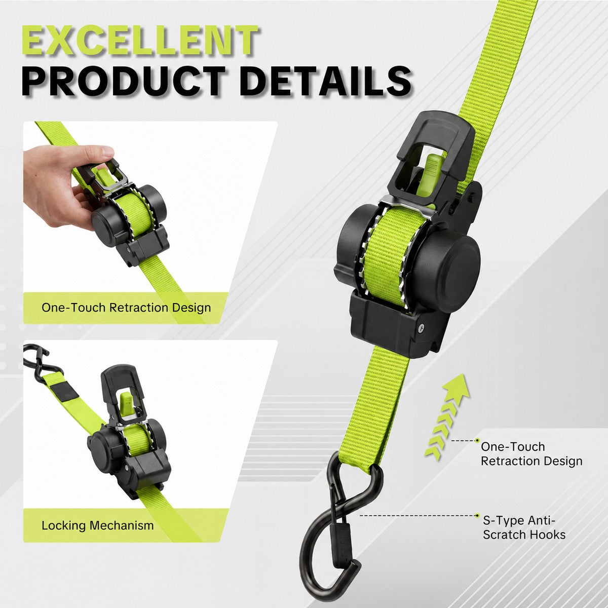 Pomence™ Retractable Ratchet Straps (4-Pack, 1 in x 11 ft). One touch retraction design, locking mechanism and S type anti scratch hooks
