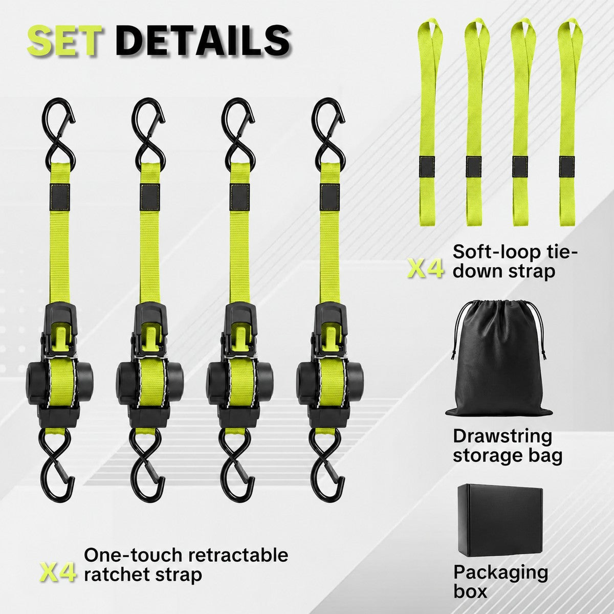Pomence™ Retractable Ratchet Straps (4-Pack, 1 in x 11 ft). Set contents: four ratchet straps, four soft loop tie downs, bag and box