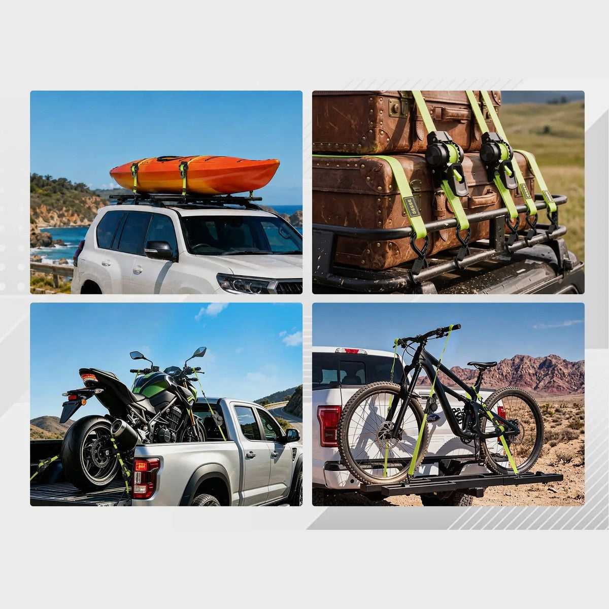 Pomence™ Retractable Ratchet Straps (4-Pack, 1 in x 11 ft). Holding a kayak, cargo, a motorcycle and a bike