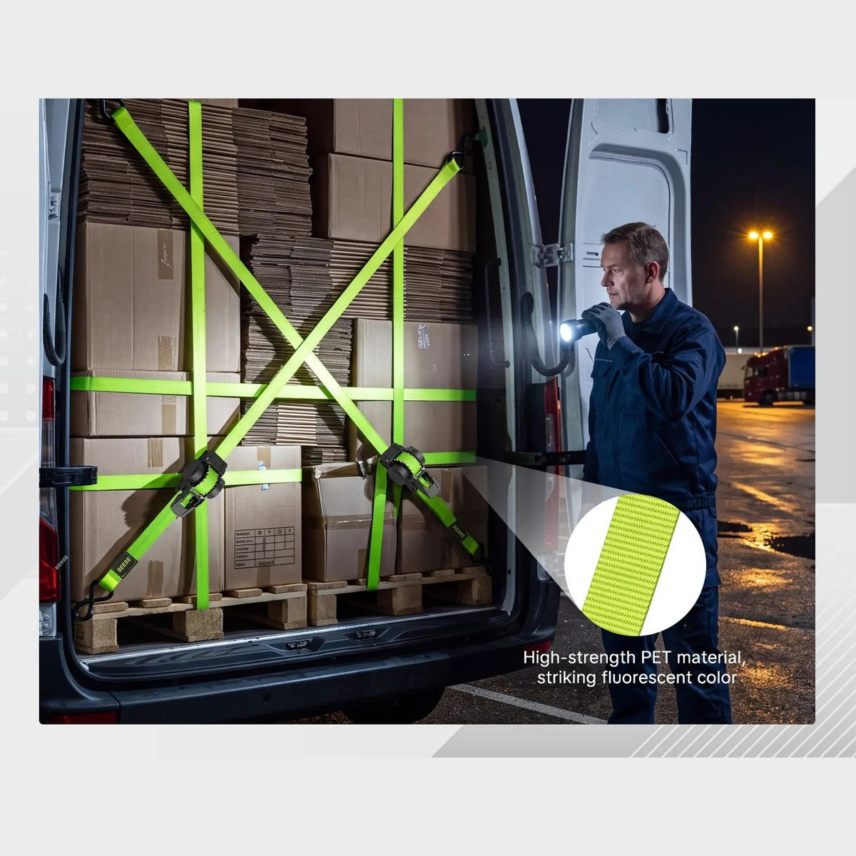 Pomence™ Retractable Ratchet Straps (4-Pack, 1 in x 11 ft). Hi vis green webbing holding pallets in a van at night
