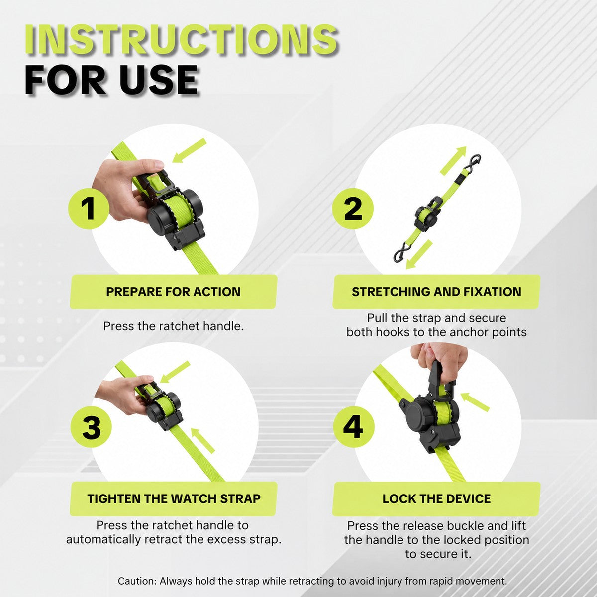 Pomence™ Retractable Ratchet Straps (4-Pack, 1 in x 11 ft). The four step sequence: press, hook, tighten and lock