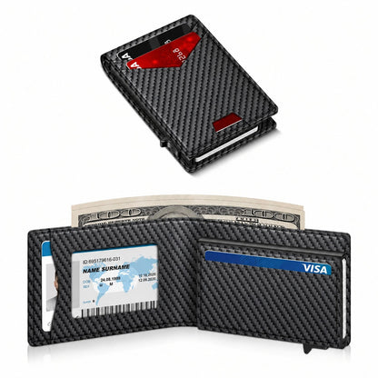Pomence RFID Minimalist Bifold Wallet in Carbon, closed and open, showing the clear ID window, card slots and money clip