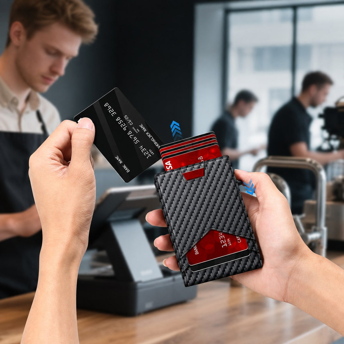 A man pushing the thumb slide on the Pomence RFID Minimalist Bifold Wallet to pop his cards up at a checkout counter