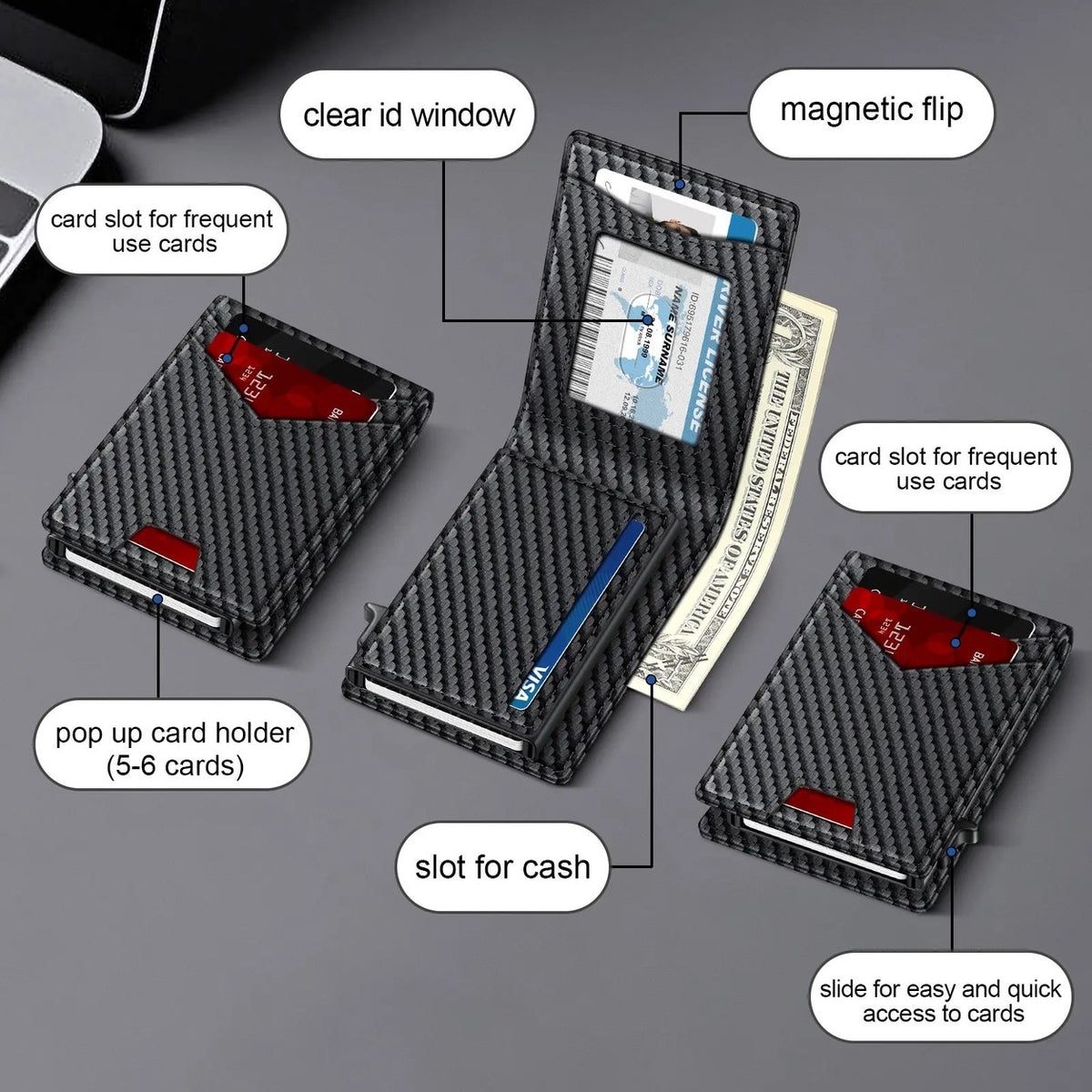 Cutaway view of the Pomence RFID Minimalist Bifold Wallet showing the pop-up card holder, clear ID window, cash slot and card slots