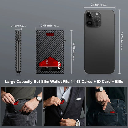 The Pomence RFID Minimalist Bifold Wallet measured at 2.95 by 4.33 by 0.78 inches beside a phone
