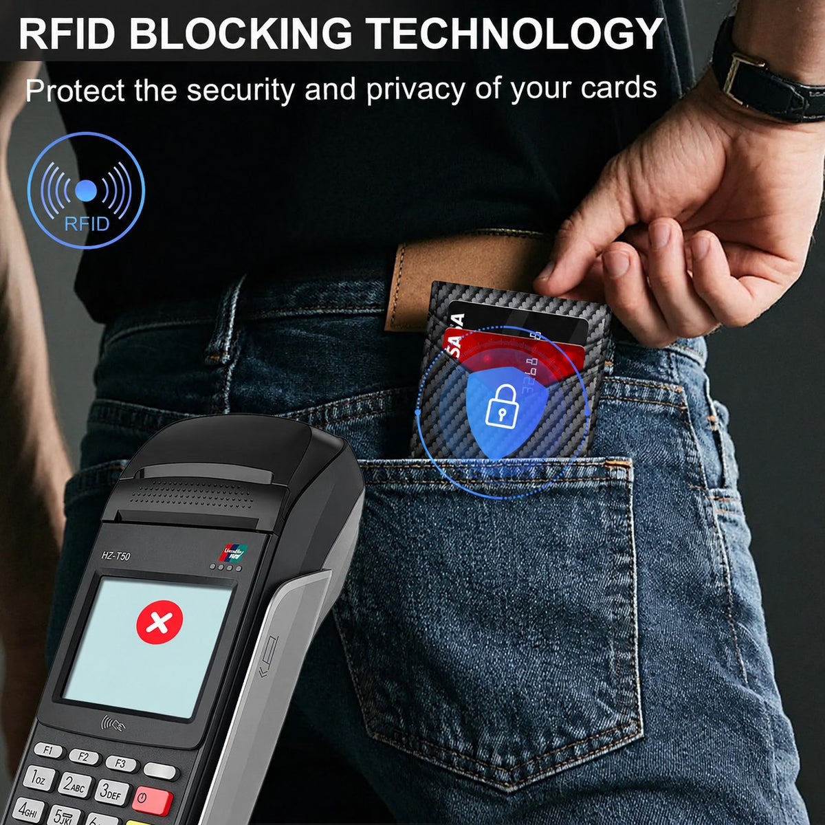 A card reader held against a front jeans pocket failing to read the cards inside the Pomence RFID Minimalist Bifold Wallet