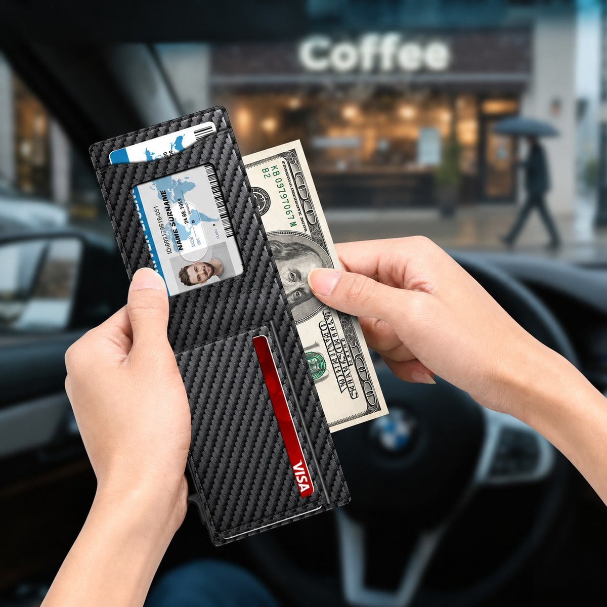 Hands holding the Pomence RFID Minimalist Bifold Wallet open with cards and folded bills