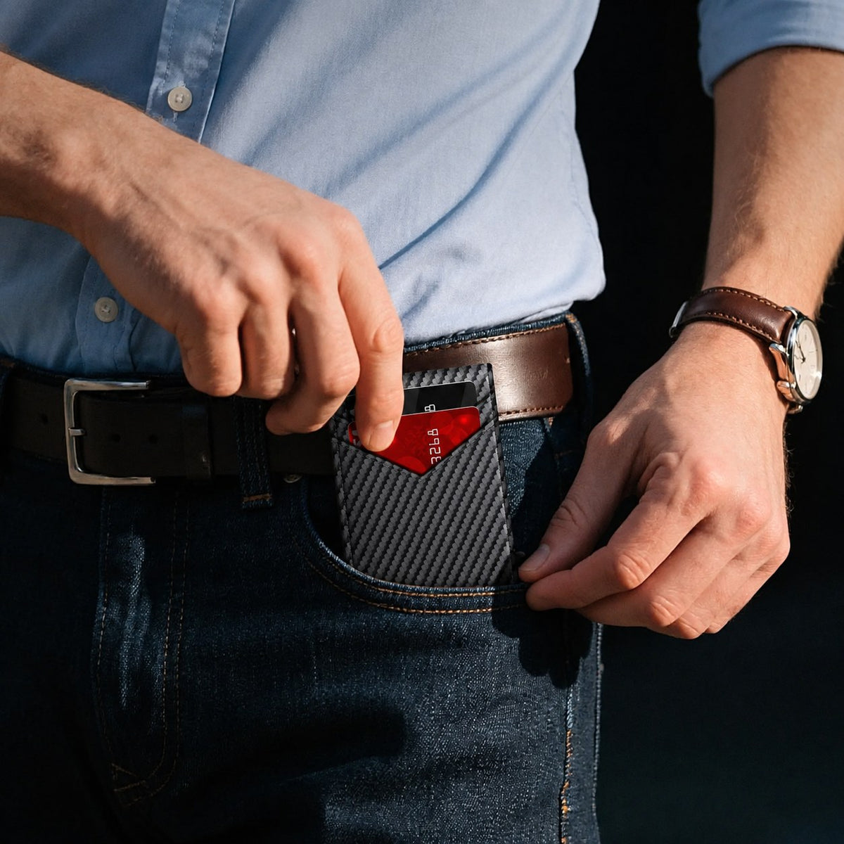 The Pomence RFID Minimalist Bifold Wallet sliding into a front jeans pocket