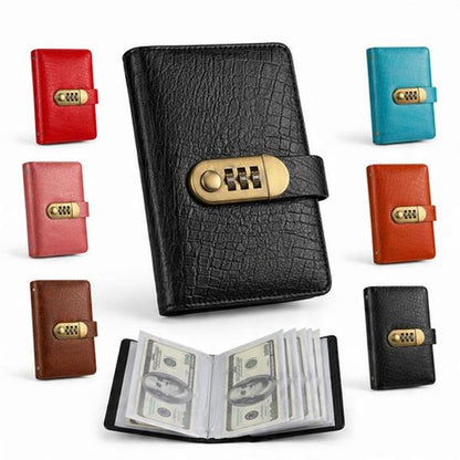 Pomence Savings Binder with Lock in seven colors, one open with cash in the clear pockets