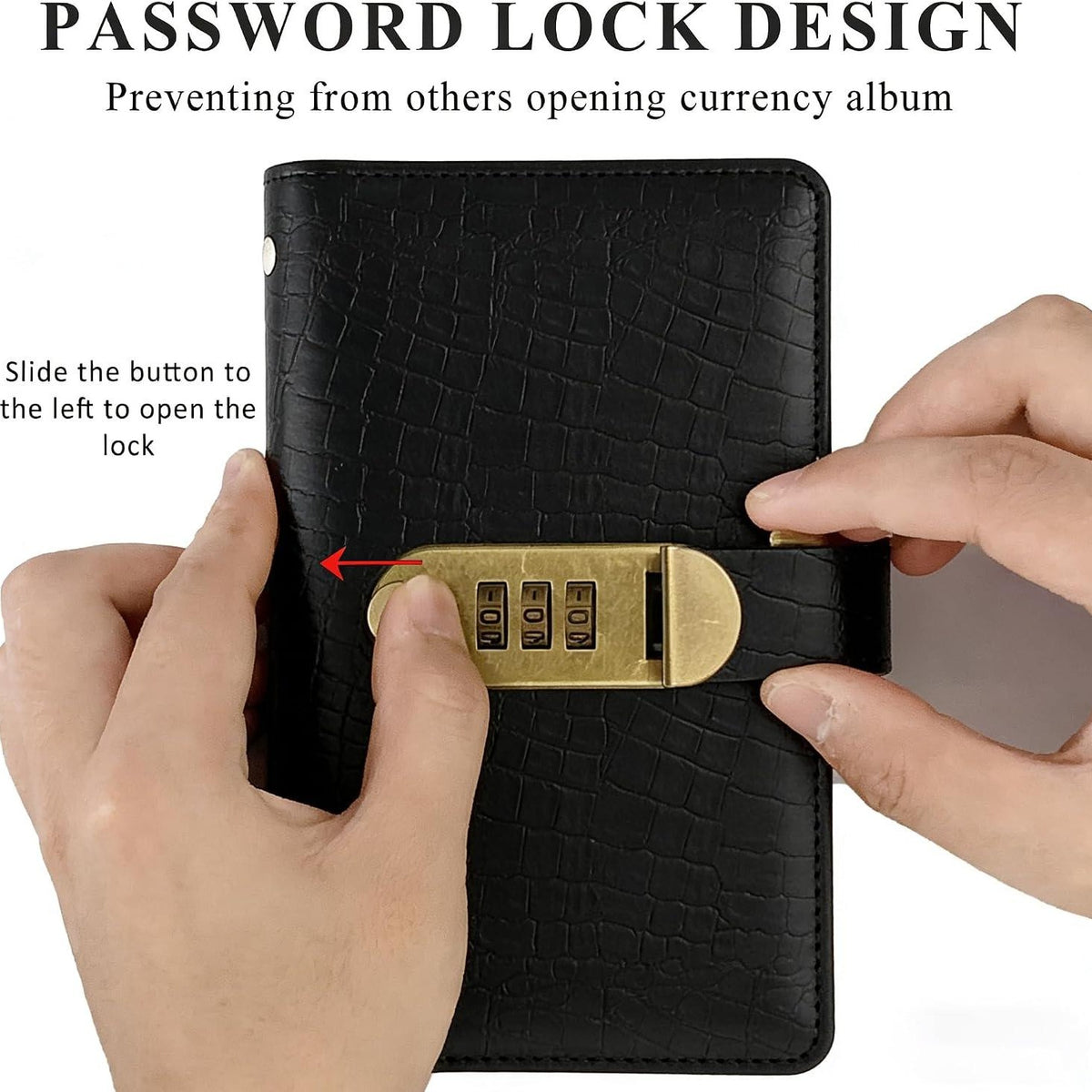 A thumb sliding the brass 3-digit lock open on the Pomence Savings Binder