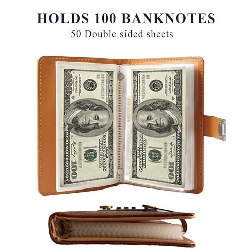 The Pomence Savings Binder open, holding 100 bills on 50 double-sided sheets