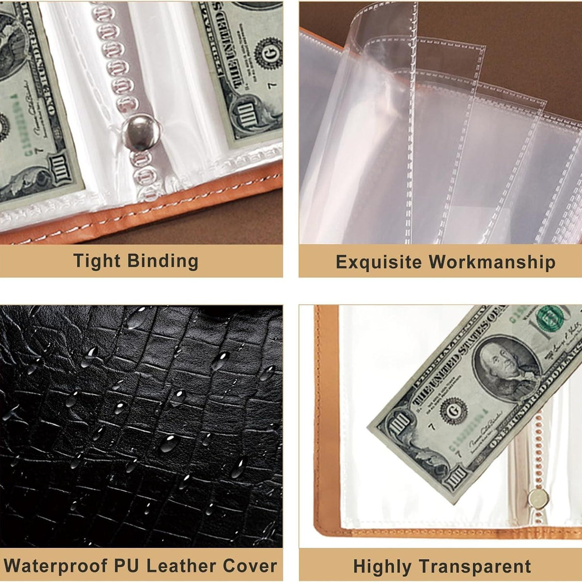 Details of the Pomence Savings Binder: tight binding, clear sleeves, PU leather cover