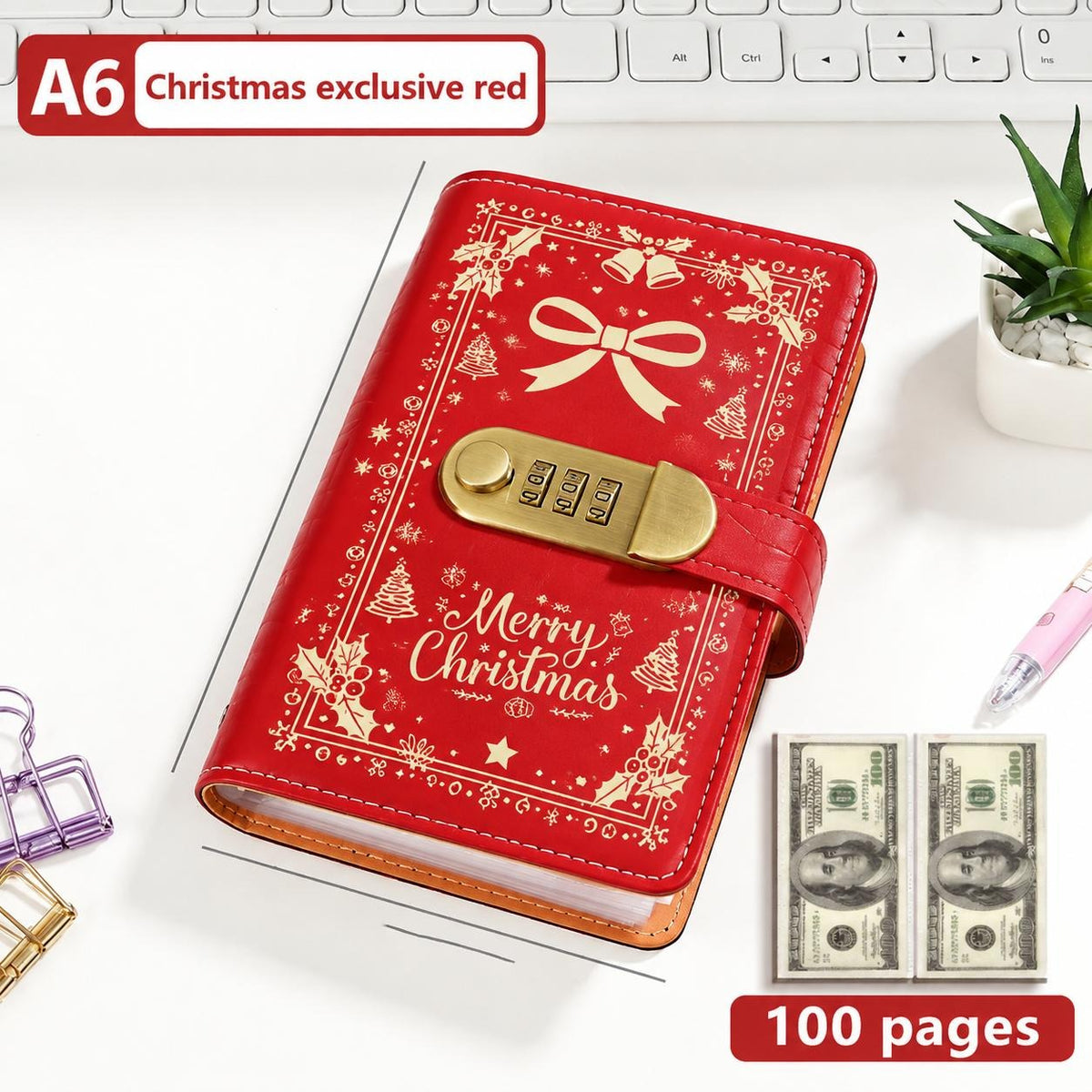 Pomence Savings Binder with Lock in Christmas Red