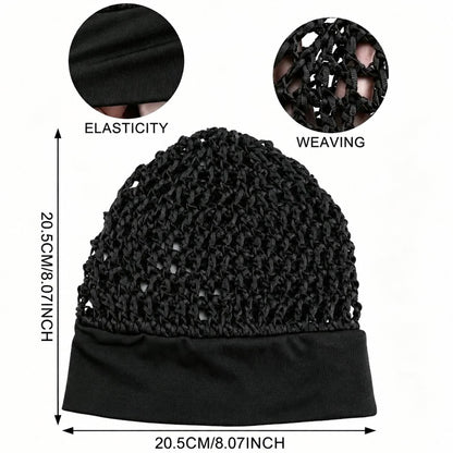 Pomence™ Stretchy Sleeping Bonnet Set (3 Pieces): the stretch band and the crochet weave, 20.5cm across and tall