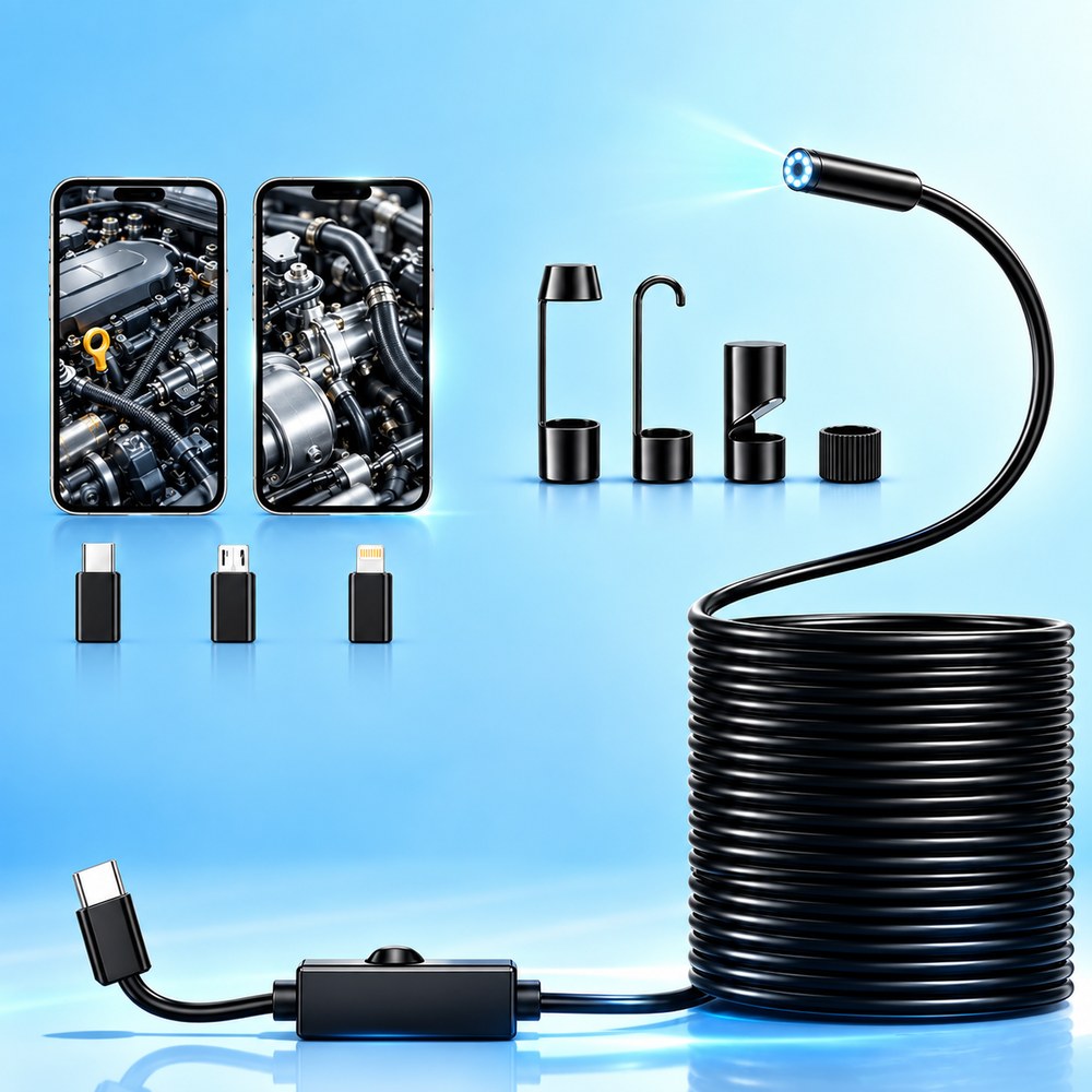 The Pomence Snake Inspection Camera with its coiled cable, tip tools and phone adapters, next to two phones showing an engine