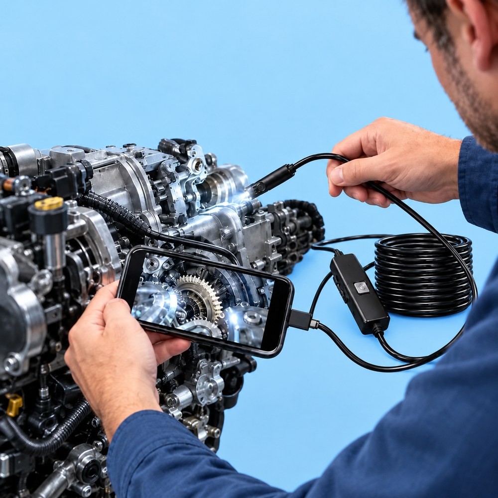 A man watching the inside of a car engine on his phone through the Pomence Snake Inspection Camera