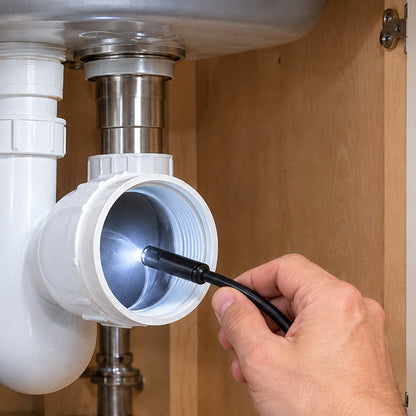 The Pomence Snake Inspection Camera lighting up the inside of a drain pipe under a kitchen sink