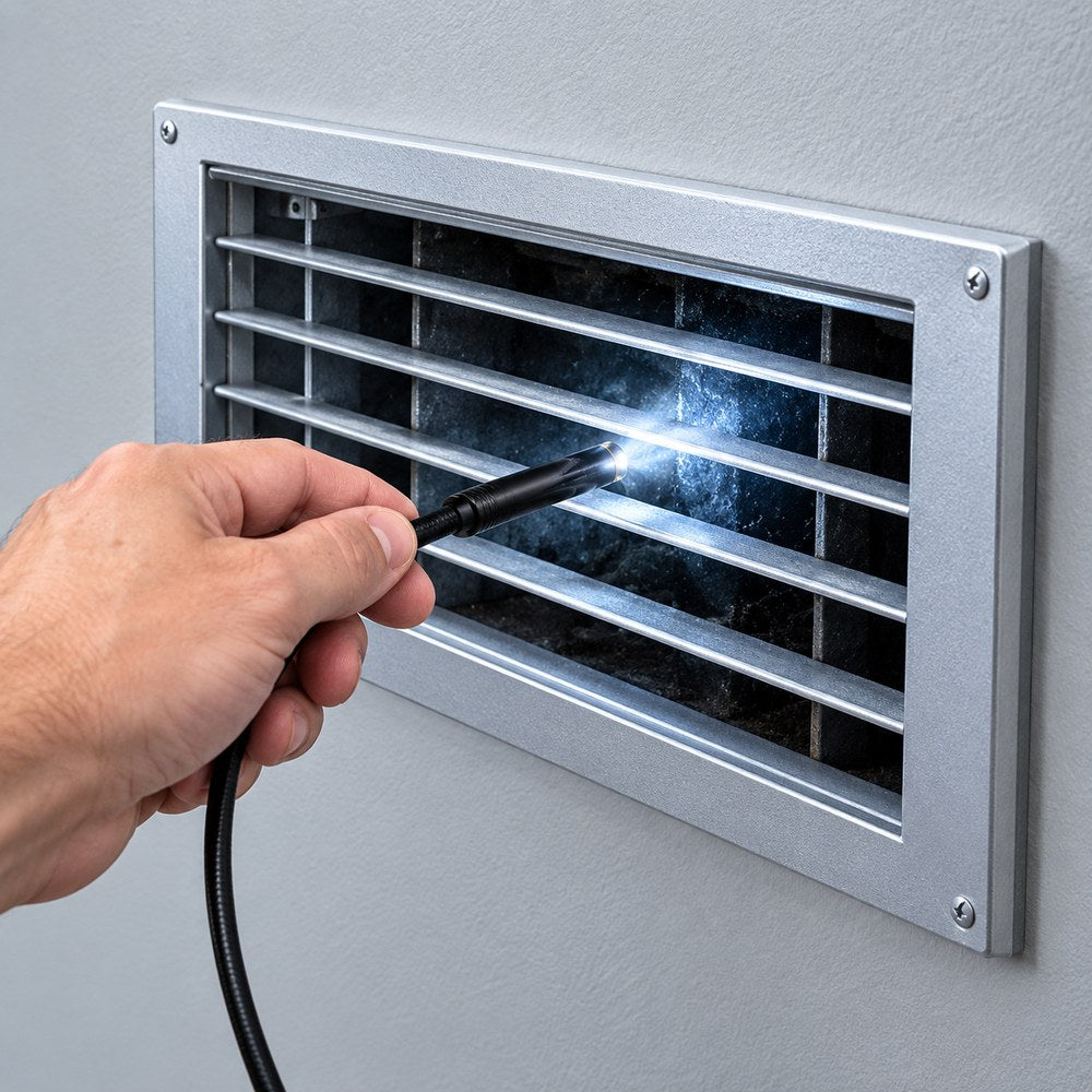 The Pomence Snake Inspection Camera shining its LED light through a wall air vent