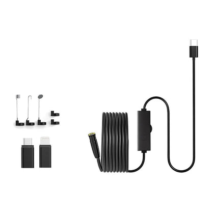 Everything in the box: the Pomence Snake Inspection Camera cable, two phone adapters and the tip tools