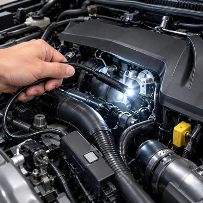 The Pomence Snake Inspection Camera being fed into a car engine bay